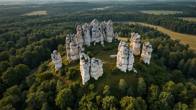 Aerial view of Zborow Hill in Poland with limestone rock formations.