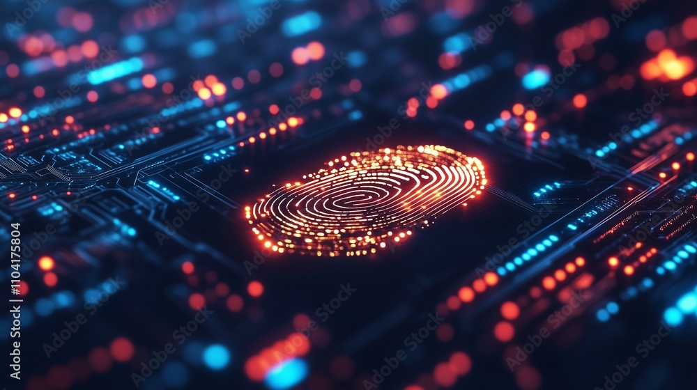 Poster digital fingerprint on futuristic circuit board with glowing elements