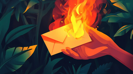 A person burning a letter in a symbolic gesture, letting go of the past while keeping the lessons close. Symbolic. Illustration