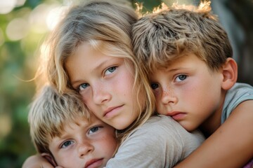 Three kids embracing each other in a warm moment