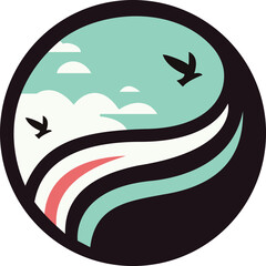 a circular logo with a bird flying over the clouds