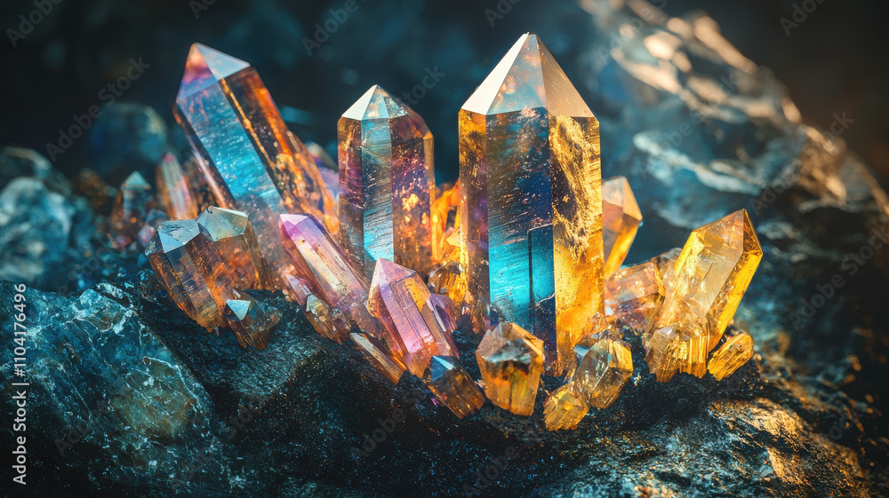 Poster vibrant cluster of colorful gemstones embedded in raw rock, illuminated by light. crystals display r