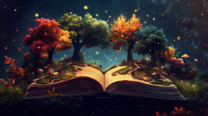 Naklejka premium A symbolic book unfolds into a surreal landscape. its pages transform into trees paths and stars symbolizing the journey of life and self-creation. Symbolic. Illustration