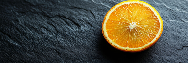 A vibrant slice of orange on a dark slate surface showcasing its juicy texture and bright color for culinary or decorative use. Generative AI
