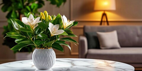  white marble table with a golden vase holding bright orange flowers, set in a modern living room with soft natural light.