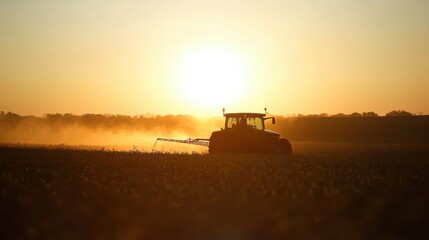 Fototapeta premium Tractor preparing field during sunset in rural countryside landscape