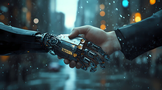 A symbolic handshake between a human and ai robot. Symbolic. Illustration