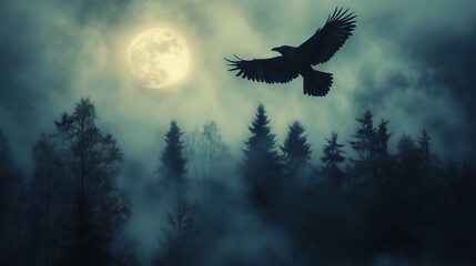 Fototapeta premium raven night forest flying. predator raven night forest flying moonlit