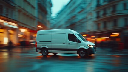Street mock-up. White delivery van in motion on a busy city street