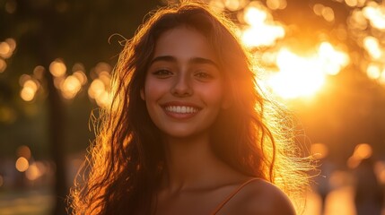 A young woman with a radiant smile stands outdoors at sunset, the warm glow illuminating her features as she enjoys a serene moment, surrounded by soft, natural light and a peaceful atmosphere.