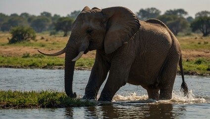 Obraz premium African Elephants playing by the Chobe River in Botswana.