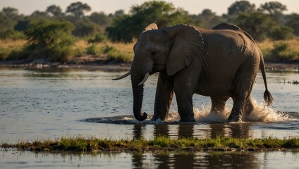 African Elephants playing by the Chobe River in Botswana.