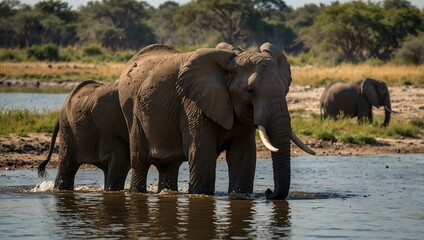 Fototapeta premium African Elephants playing by the Chobe River in Botswana.