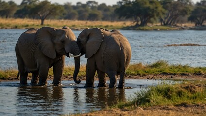 Fototapeta premium African elephants playing by the Chobe River in Botswana