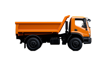 Orange dump truck side view with detailed features on transparent background