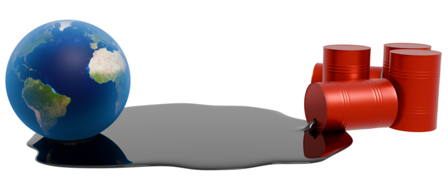 Oil splilled from barrel on planet earth, 3d rendering. Digital illustration of planet pollution, harm of fossil fuel and plastic industry