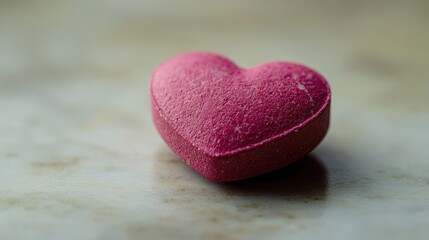 Obraz premium Close-up of a pink heart-shaped pill on a marble surface.