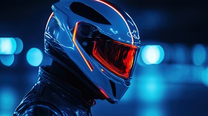 Glowing blue car pilot in helmet side view