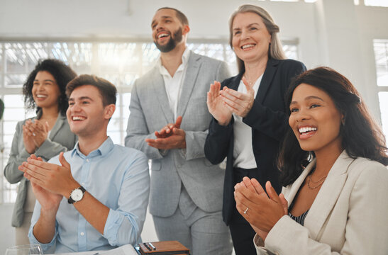 Business people, congratulations and applause in promotion, announcement or office negotiation success. Group of employees, clapping and celebration for partnership, prize or workplace contract goal