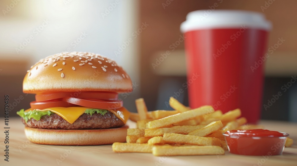 Wall mural Fast food meal with burgers fries and ketchup in casual dining setting