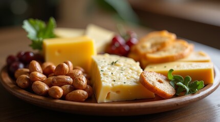 Artisan cheese and nuts platter with assorted varieties and garnishes