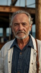 Aged sailor standing resolutely on deck, saltwater stories.