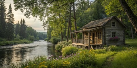 Fototapeta premium Serene River Cabin: A Tranquil Retreat by the Waterâ€™s Edge, Embracing Nature's Beauty and Rustic Charm in the Heart of Wilderness