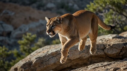Fototapeta premium Agile mountain lion leaping through rocky terrain.