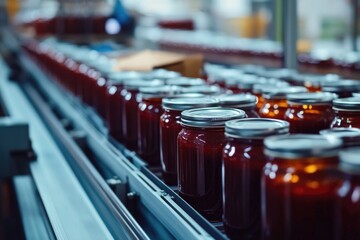 A busy production line filled with jars of jam on a conveyor belt, ready for packaging and distribution