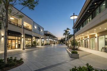 Fototapeta premium Serene Night Photography of an Empty Shopping Plaza Under a Clear Blue Sky - Tranquil Urban Landscape, Nighttime Aesthetic, Architectural Features, Calm Atmosphere, Modern Design