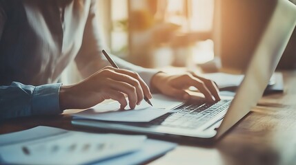 Two professionals collaborating at a desk, the mentor highlighting key points on a presentation draft displayed on a laptop, clean and modern office setting with subtle decor,