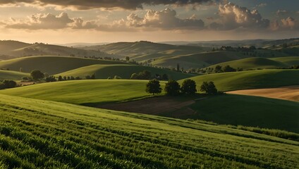 Fototapeta premium Agricultural landscape with rolling hills and clouds.