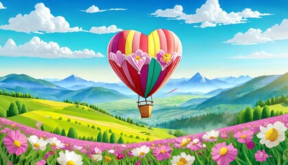 Fototapeta premium Vibrant heart-shaped hot air balloon floats gracefully above lush flower fields in scenic mountain valley. Green hills create a breathtaking backdrop.. Valentines day, Cupid, Romantic, Love