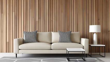A modern living room with a beige sofa against a wooden wall