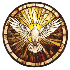 Circular stained glass window depicting the Holy Spirit as a dove, radiating light in warm golds and browns.