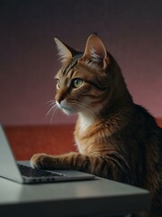 AI illustration of a cat browsing on a laptop.