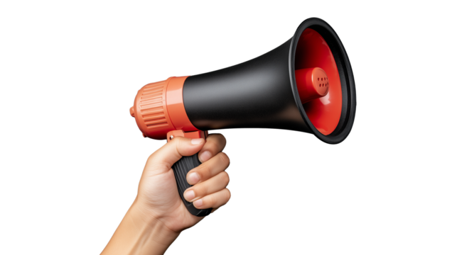 Handheld megaphone with red and black design on transparent background