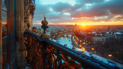 A view of a city with a bridge and a river in the foreground