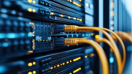 Close-up view of network servers in a data center with connected yellow cables and illuminated indicator lights.