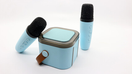 Blue wireless bluetooth microphone and speaker