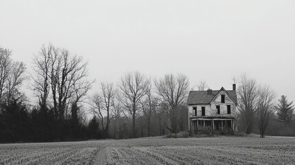 Abandoned farmhouse surrounded by barren trees in a desolate landscape during overcast weather