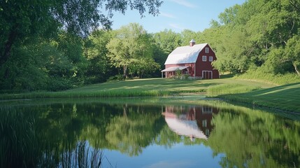Obraz premium Serene Reflections: Photorealistic Red Barn with White Roof Mirrored in Still Pond - Ultra-Detailed Landscape Photography