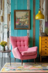 A chic pink armchair positioned against a colorful wooden wall, creating a lively and inviting atmosphere.