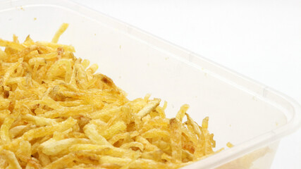 Mustofa potatoes are a traditional Indonesian food. Potatoes are thinly sliced, fried with spicy seasoning.
