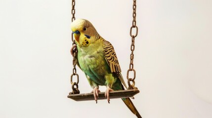A yellow and green bird perched on a swing, with a calm and peaceful expression