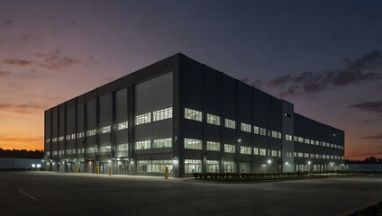Obraz premium Aircraft manufacturing facility exterior at dusk, showcasing industrial precision.