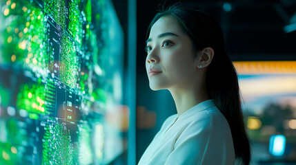  Chinese Woman Leading Her Team in a Modern Office Focused on Blockchain Solutions for Carbon Credit Tracking
