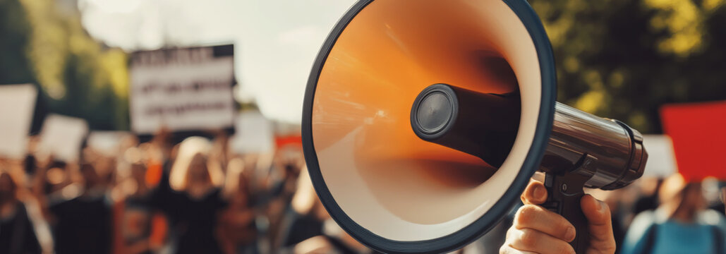 closup,person holding a megaphone in a crowd demonstrating