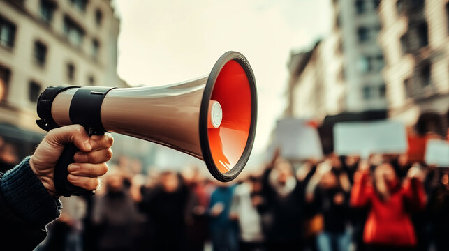 closup,person holding a megaphone in a crowd demonstrating