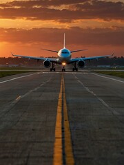 Obraz premium Airplane landing on a runway at sunset.